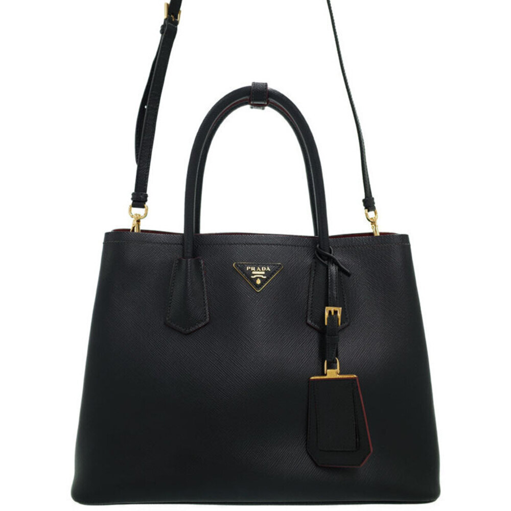 Prada Saffiano Cuir Leather Double 2way Shoulder Bag Black